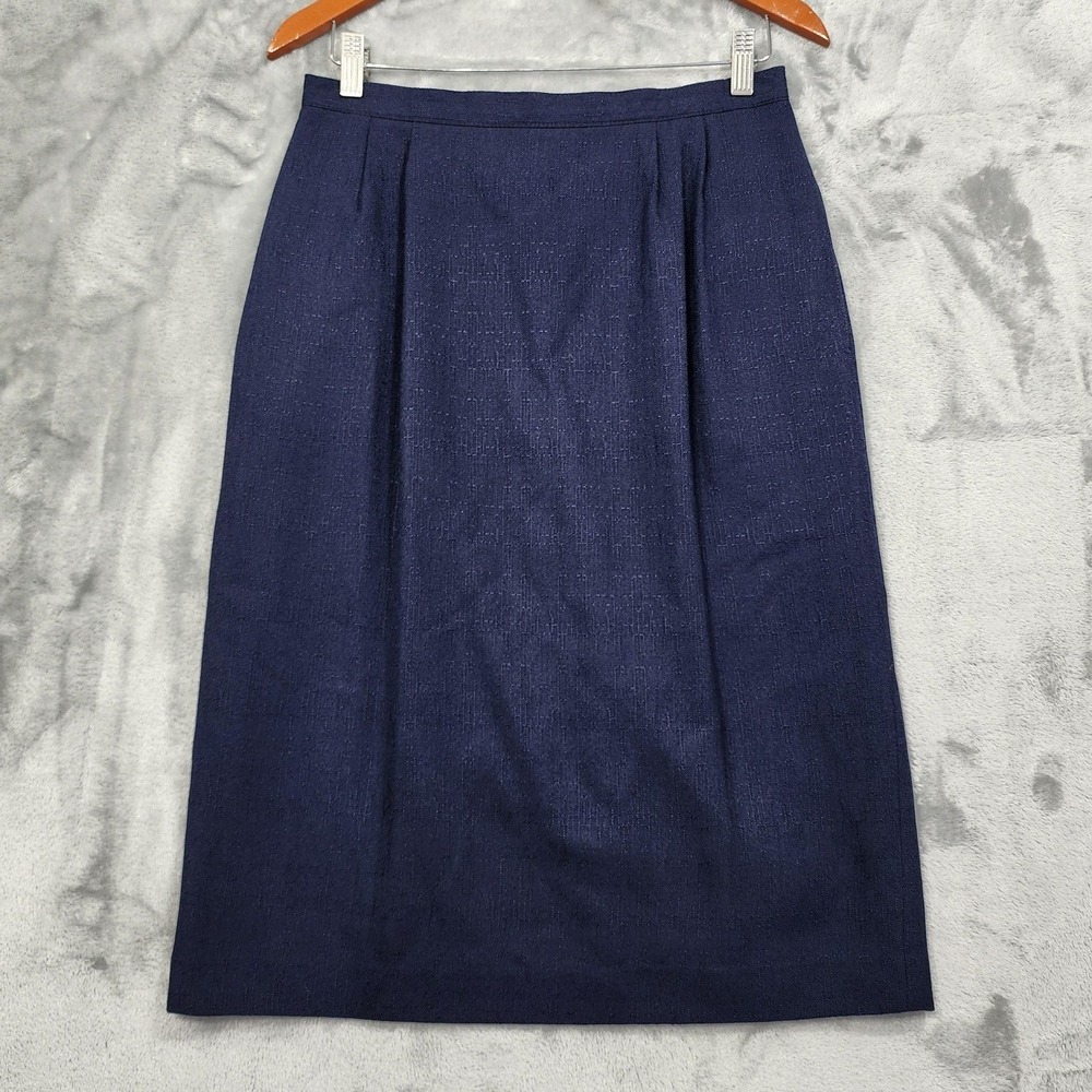 Vintage Kasper Skirt Womens 12 Blue Pencil Pleated Lined Back Slit Office Preppy